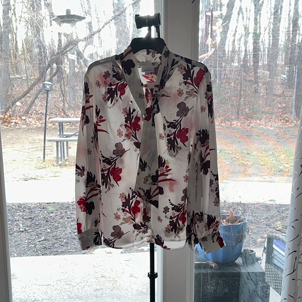 Floral Tie-Neck Long-Sleeve Blouse - White with Red & Brown Floral